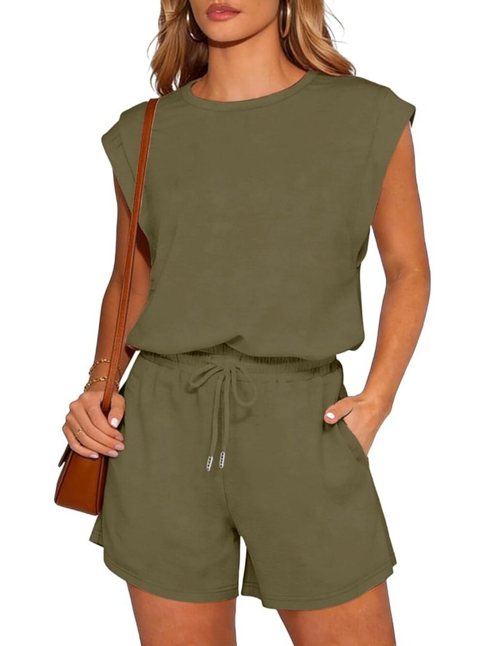 Women Olive Green Summer Cap Sleeve Adjustable Drawstring Imported Petite Romper